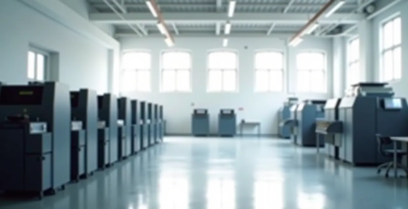 Wide shot of modern print facility showcasing sustainable technology and clean workspace