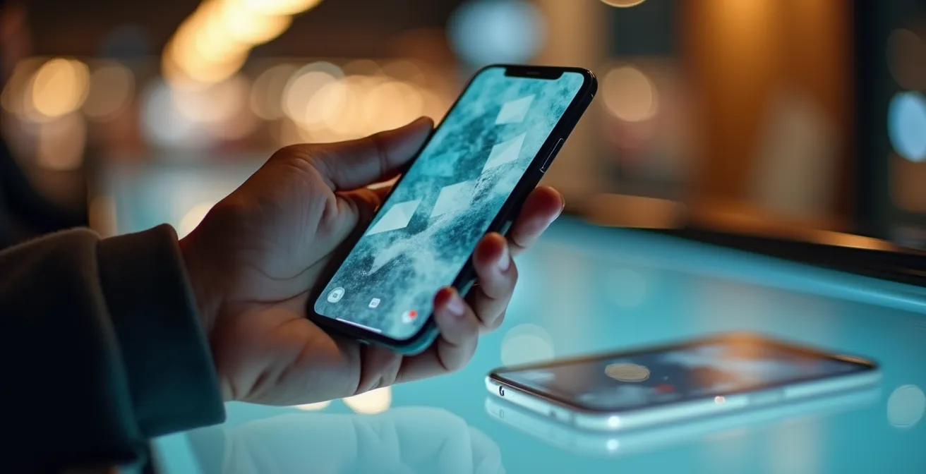 Person's hand holding smartphone scanning a code on modern signage display